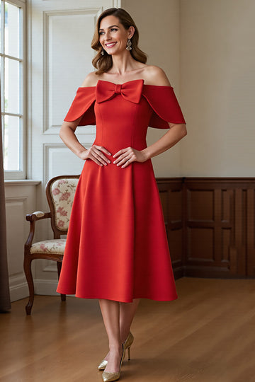 Red Off The Shoulder A Line Formal Dress with Bow